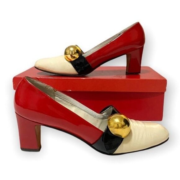 Herbert Levine Shoes - Vintage 1960s Herbert Levine Mod Patent Color Block Pumps Gold Orb Original Box